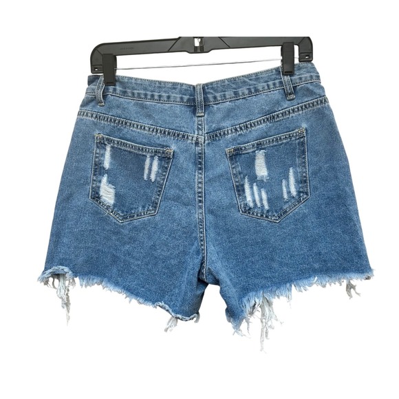 MOMOKROM PrettyLittleThing Distressed Denim Shorts Blue Cut Out Ripped Size 12 - Picture 3 of 4